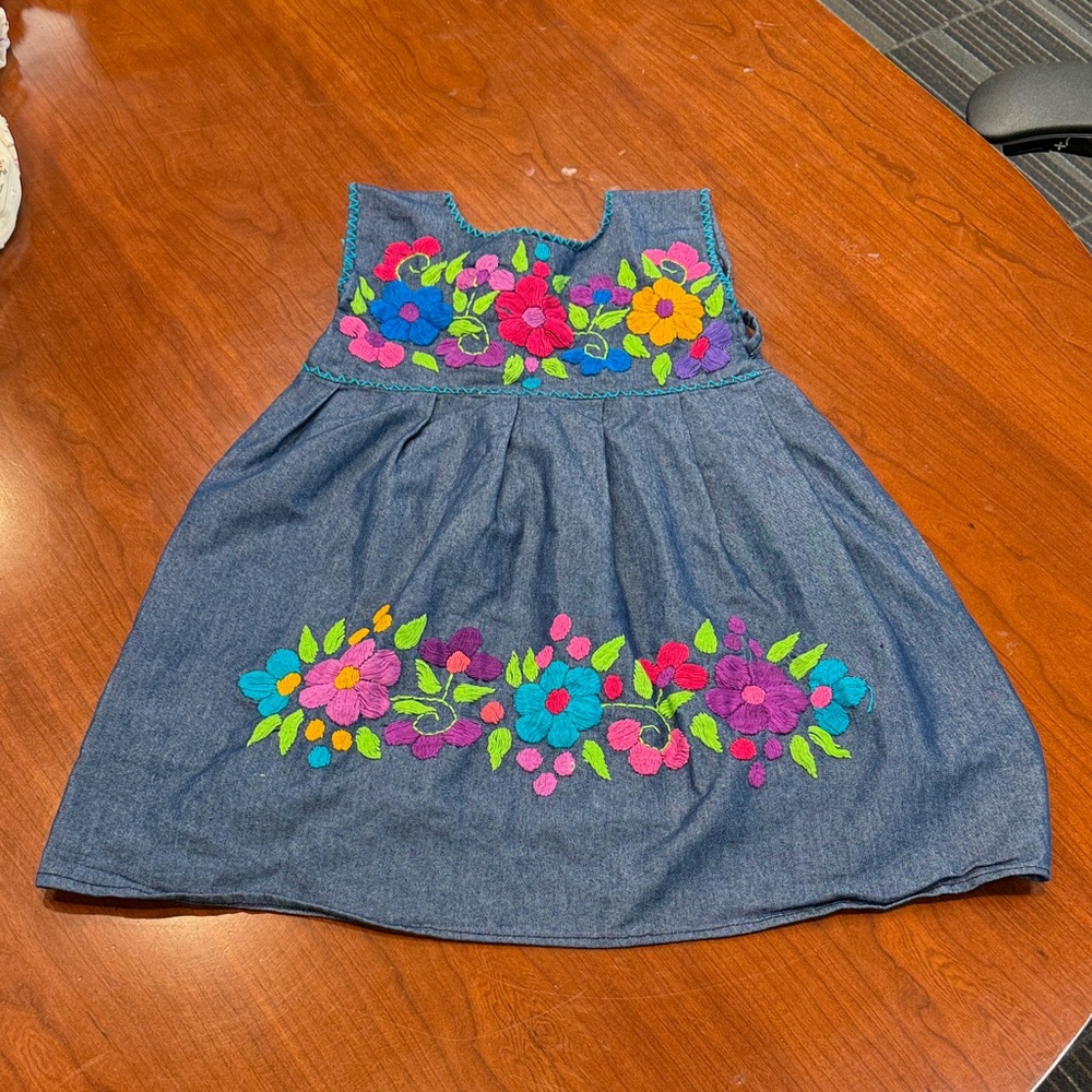 Floral Embroidered Kids Dress - Blue